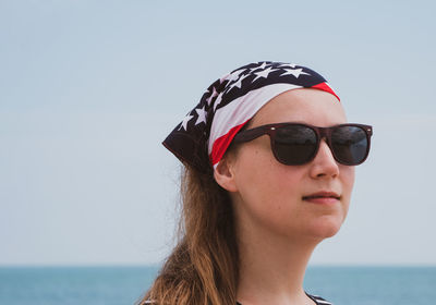 Confident girl american flag bandana. usa independence day patriotism, memorial day national pride