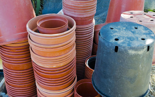 Close-up of stack of plant pots