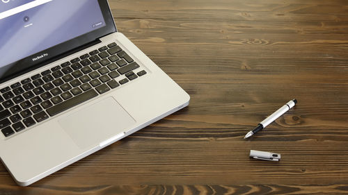 High angle view of laptop on table