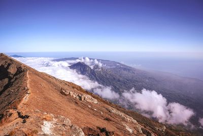 Scenic view of mountains against clear blue sky