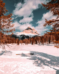 Scenic view of snow covered landscape against sky