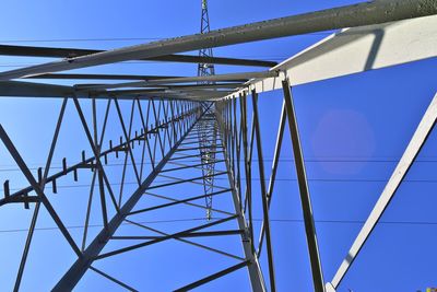 Low angle view of electricity pylon against clear blue sky