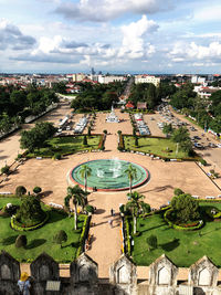 High angle view of buildings against sky