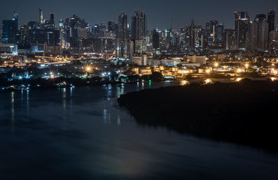 Illuminated buildings in city at night