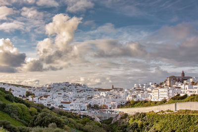 High angle shot of townscape against sky