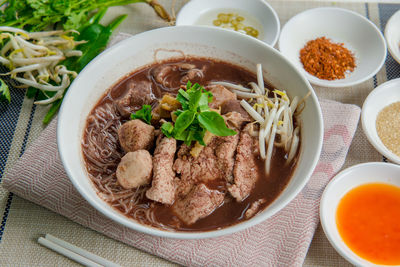 Close-up of soup in bowl on table