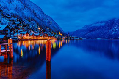 Scenic view of lake against sky at dusk