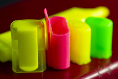 Close-up of multi colored pencils on table