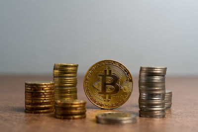 Close-up of coins on table