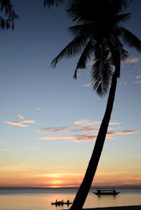 Silhouette palm tree by sea against sky at sunset