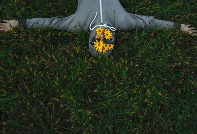 Low section of man standing on grass
