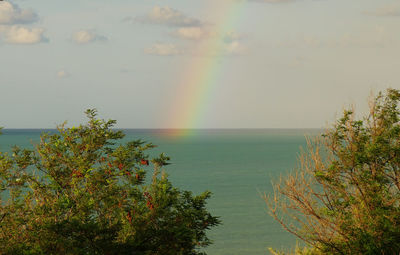 Scenic view of rainbow over sea against sky