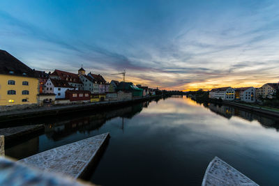 Reflection of buildings in river against sky