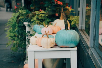 Close-up of multi colored pumpkins on table