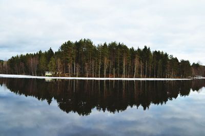 Reflection of trees in lake against sky