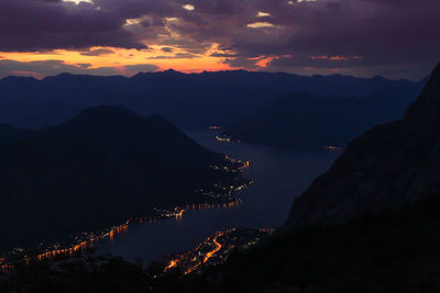 Scenic view of silhouette mountains against sky at sunset