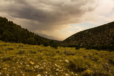 Scenic view of mountains against cloudy sky