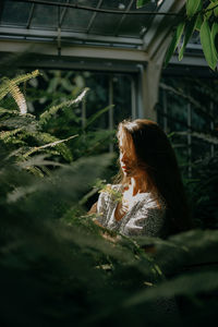 Portrait of a young woman amidst plants during sunset