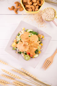 High angle view of salad in plate on table