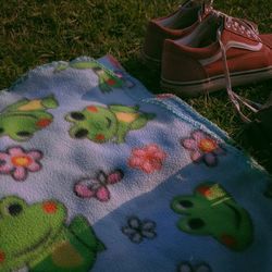 High angle view of multi colored shoes on field