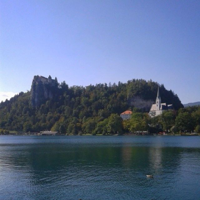 water, clear sky, waterfront, tree, scenics, tranquil scene, blue, copy space, tranquility, lake, mountain, beauty in nature, nature, sea, rock - object, idyllic, built structure, rock formation, reflection, architecture