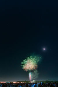 Firework display over city against sky at night