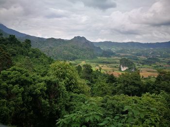 Scenic view of tree mountains against sky