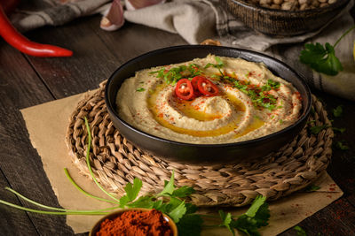 High angle view of food in bowl on table