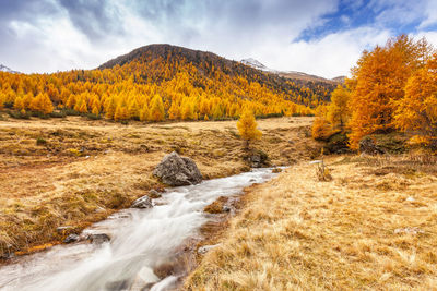 Scenic view of waterfall against sky during autumn