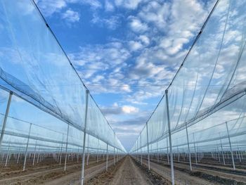View of railroad tracks against cloudy sky