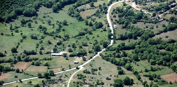 High angle view of road amidst trees