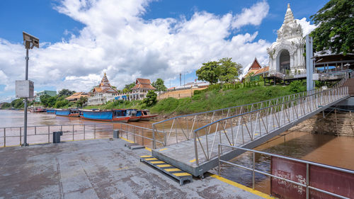 High angle view of built structures against sky