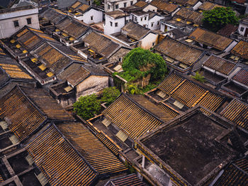 High angle view of residential buildings in city