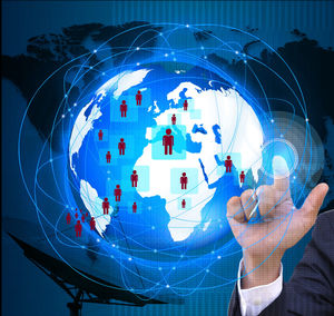 Digital composite image of businessman touching globe