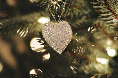 Close-up of heart shape decoration hanging on illuminated christmas tree