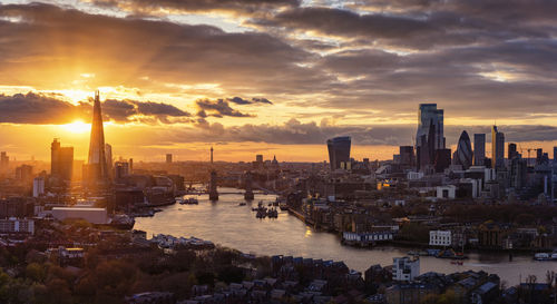 High angle view of buildings against cloudy sky during sunset