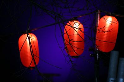 Low angle view of illuminated street lights at night