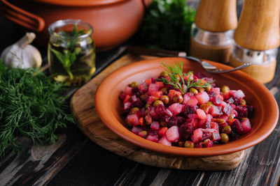 High angle view of food in bowl on table