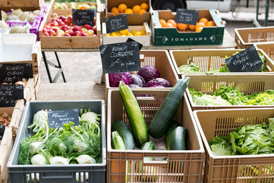 High angle view of vegetables for sale at market stall