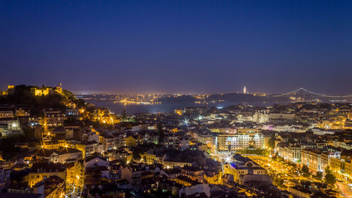 High angle shot of illuminated cityscape against sky at night
