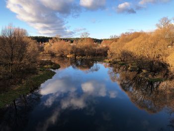 Reflection of trees in lake against sky