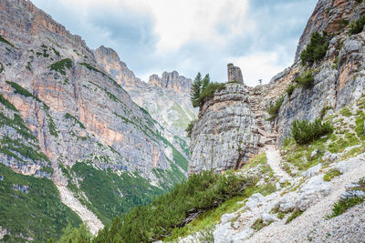 View of rocky mountain against cloudy sky