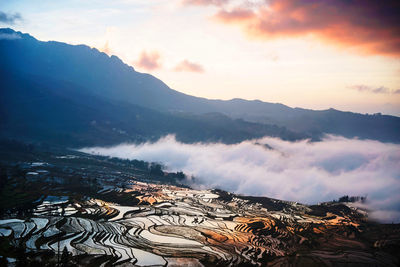 High angle view of mountain range against sky