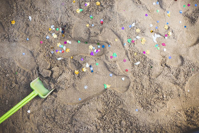 High angle view colorful glitters and shovel on sand at beach