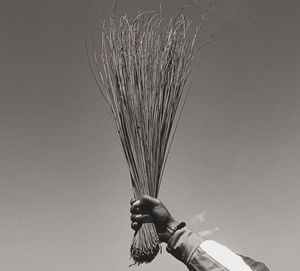 Person holding broom stick against clear sky