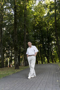 An elderly man of 70 years old in light clothes is walking in the park along the sidewalk.