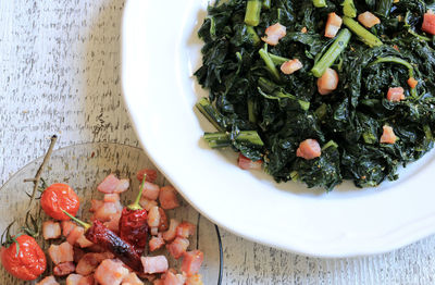 High angle view of fruits in plate on table