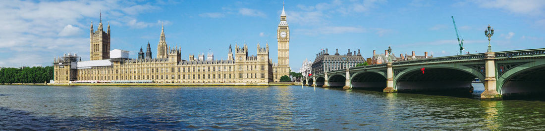 Bridge over river with buildings in background