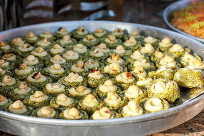 High angle view of chopped vegetables in container