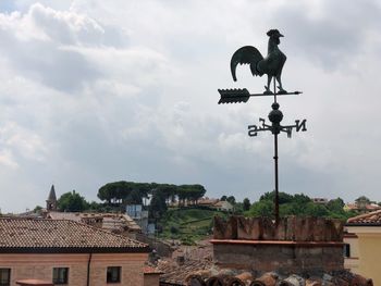 High angle view of birds on roof against buildings